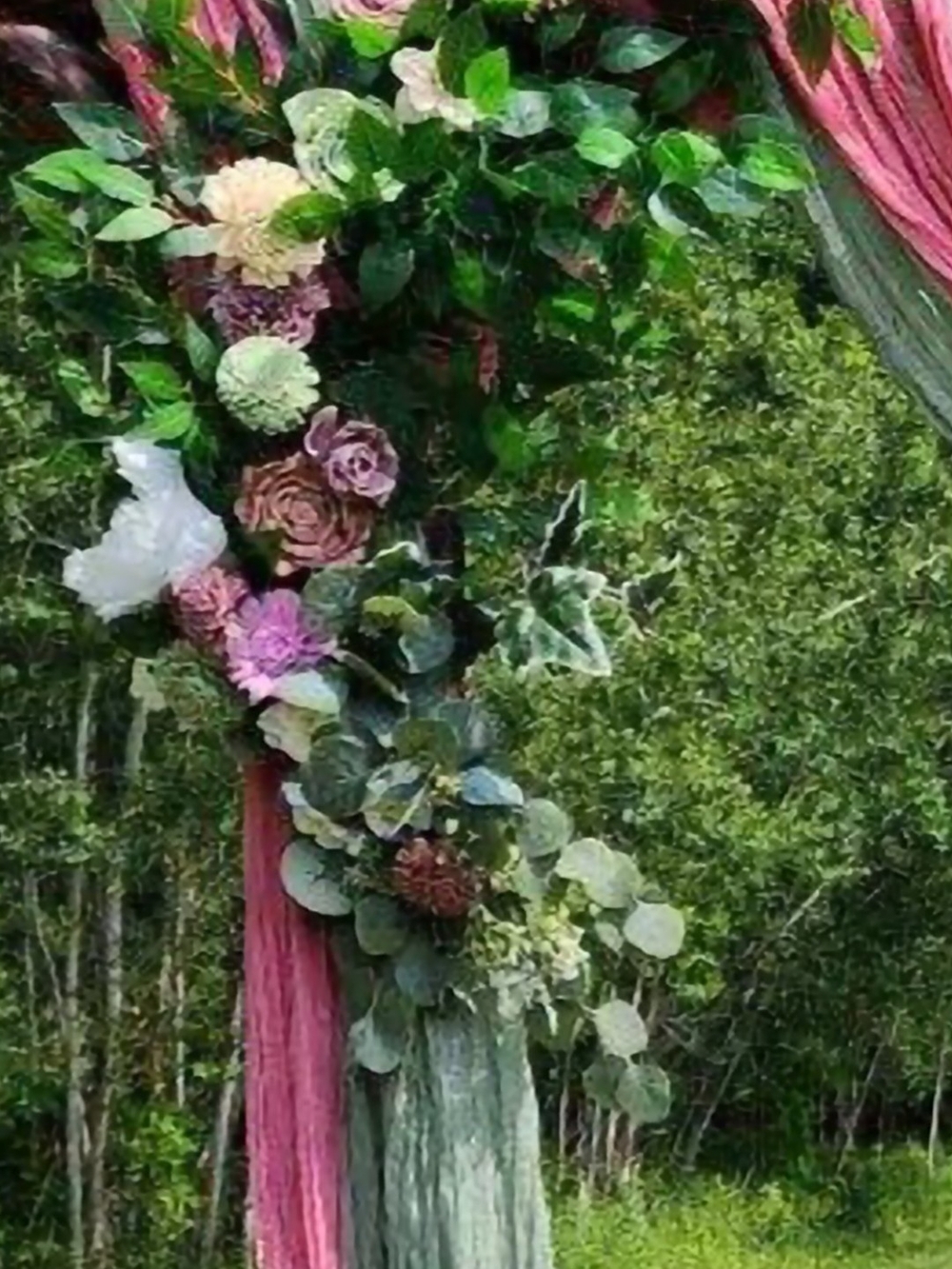 Rustic Wedding Arch Draped in Pink and Sage Green With 2 Corner Flower Swags - Picture 3 of 5